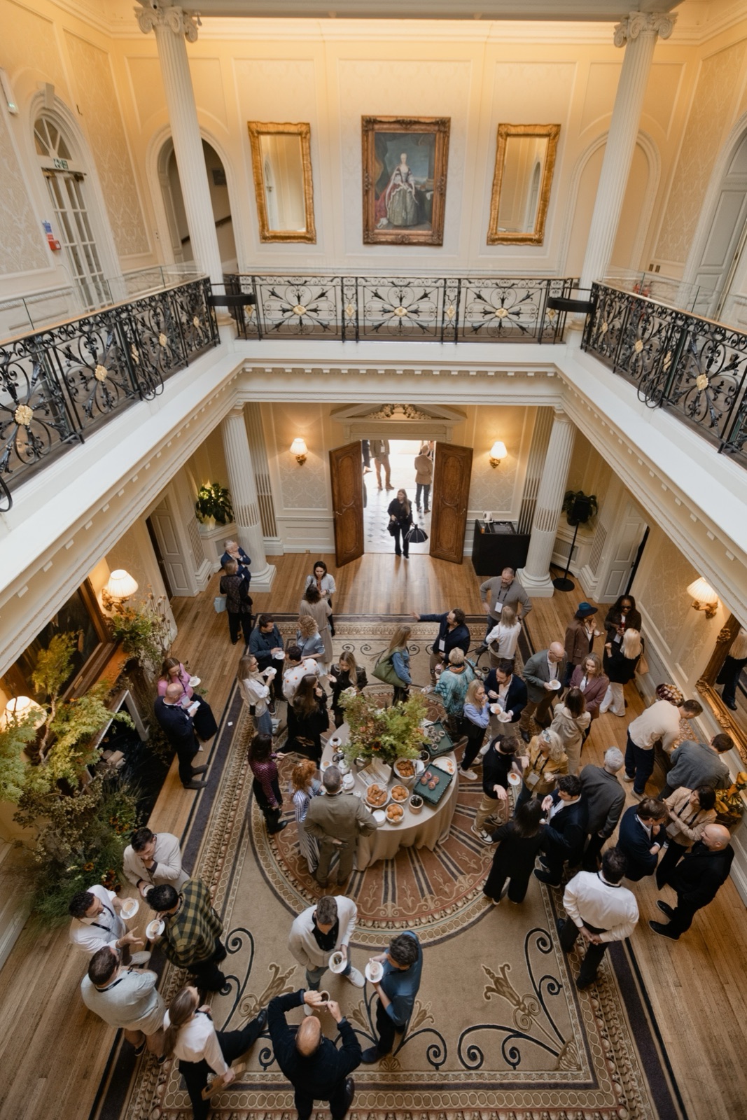 Guests of The Hedsor Hundred taking coffee in the galleried entrance hall of Hedsor House on the morning of 29 September 2026