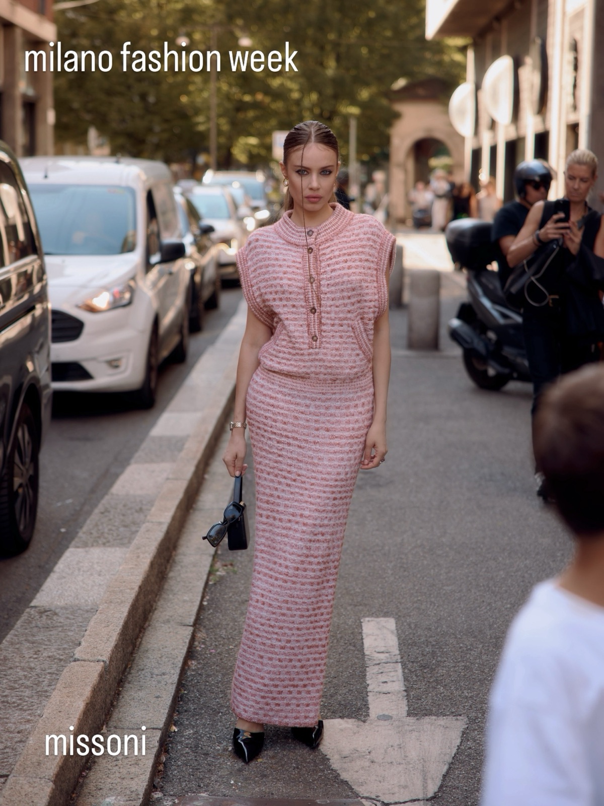 Xenia Tchoumi at Milano Fashion Week in Missoni, front row guest of the Missoni Spring/Summer 2027 womenswear show, September 2026