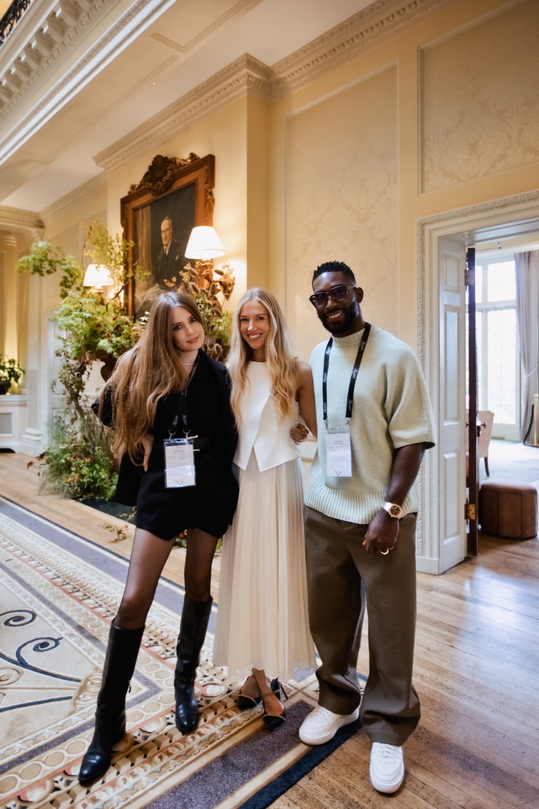 Xenia Tchoumi with host Rosie Shephard and Tinie Tempah at Hedsor House during The Hedsor Hundred 2026